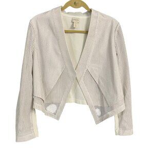 Chicos Medium (Sz 1) White Perforated Faux Leather Open Front Moto Jacket
